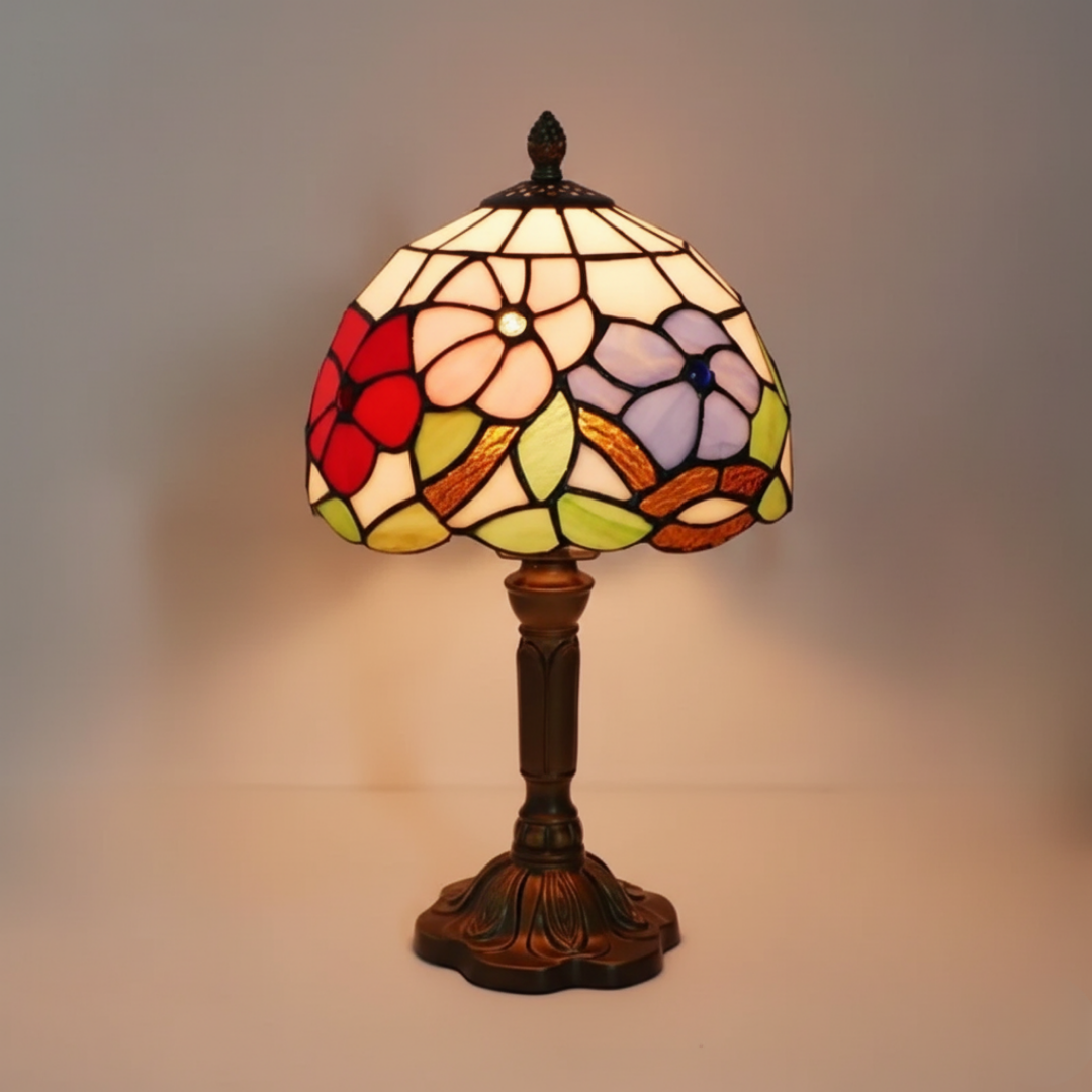 Pink Meadow stained-glass table lamp with red, pink and lilac floral shade