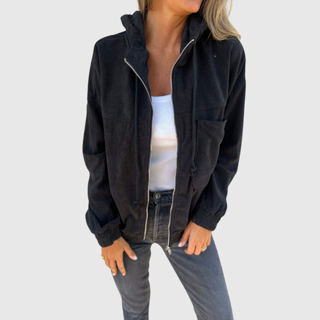 Elviana hooded zip jacket in black, front view worn open