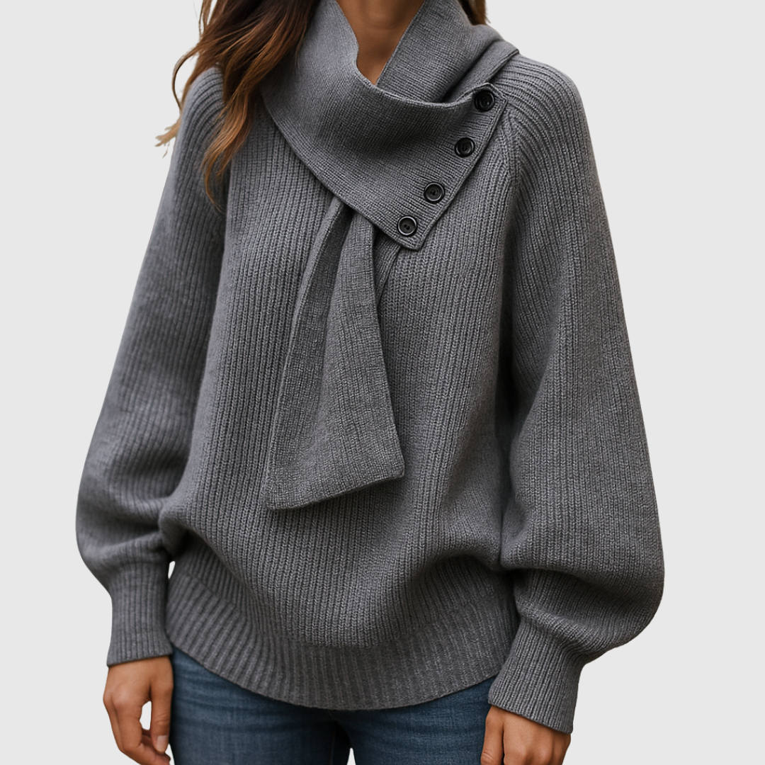 Seraphinja scarf-neck sweater in grey, front view on model