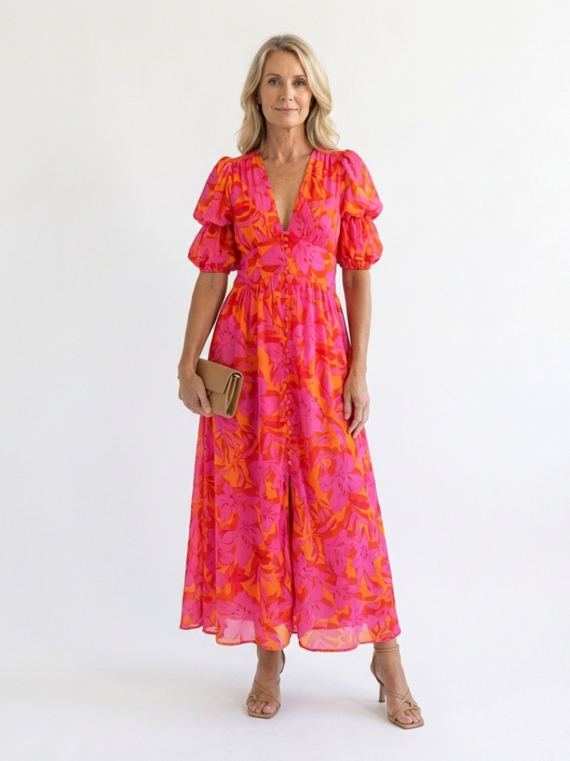 Willow floral midi dress in pink and orange, full-length front view
