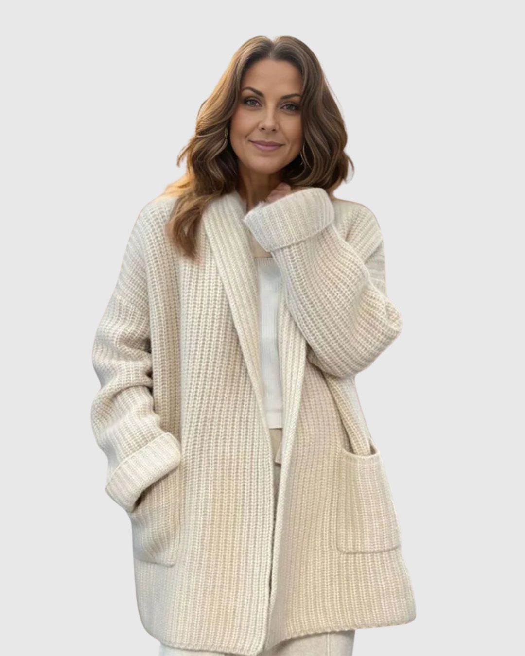 Mabel knitted cardigan in cream, worn open front view