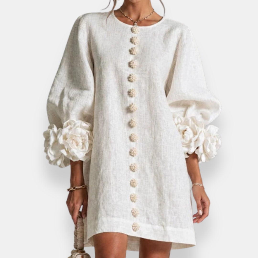 Cecily sculpted floral button dress in white, front view