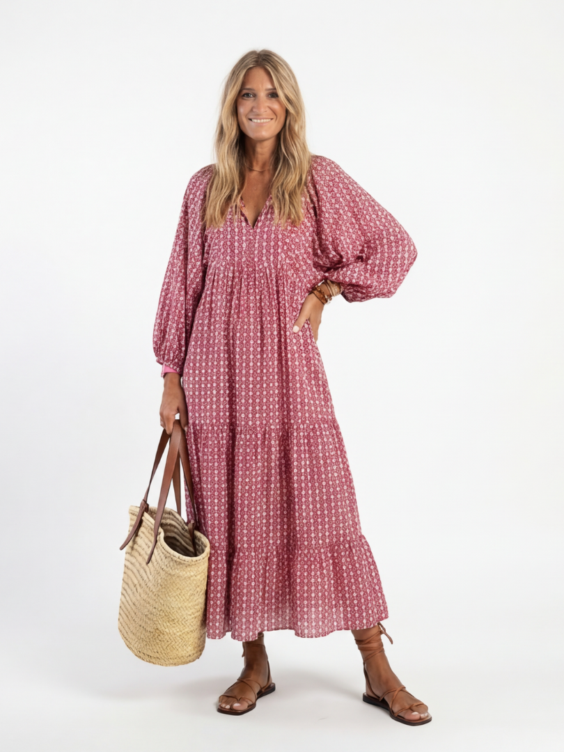 Arlette geometric print midi dress in dusky pink, full-length front view