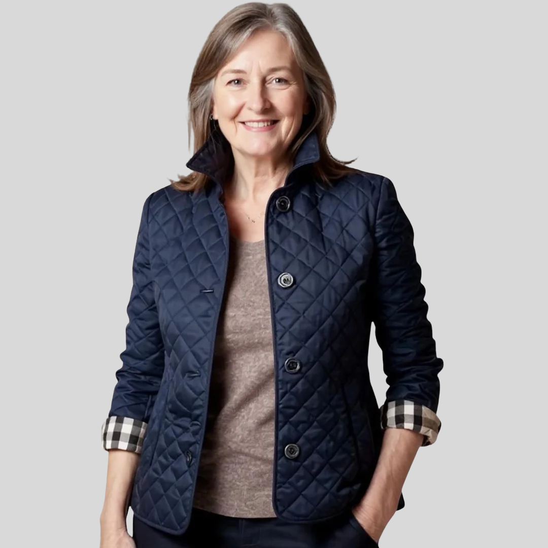 Hailey quilted jacket in navy blue, front view with check cuffs turned back