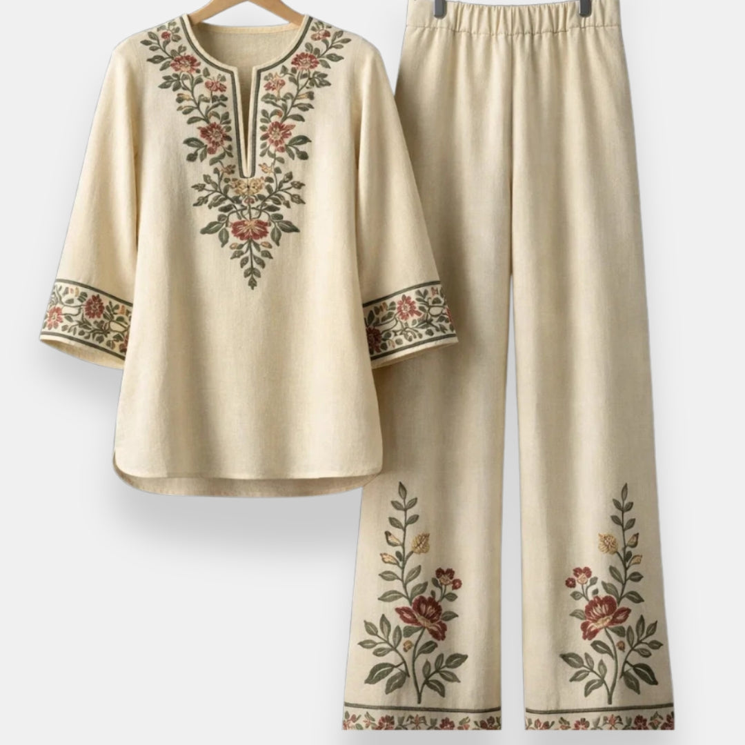 Cordelia embroidered two-piece set in beige, tunic and wide-leg trousers front view