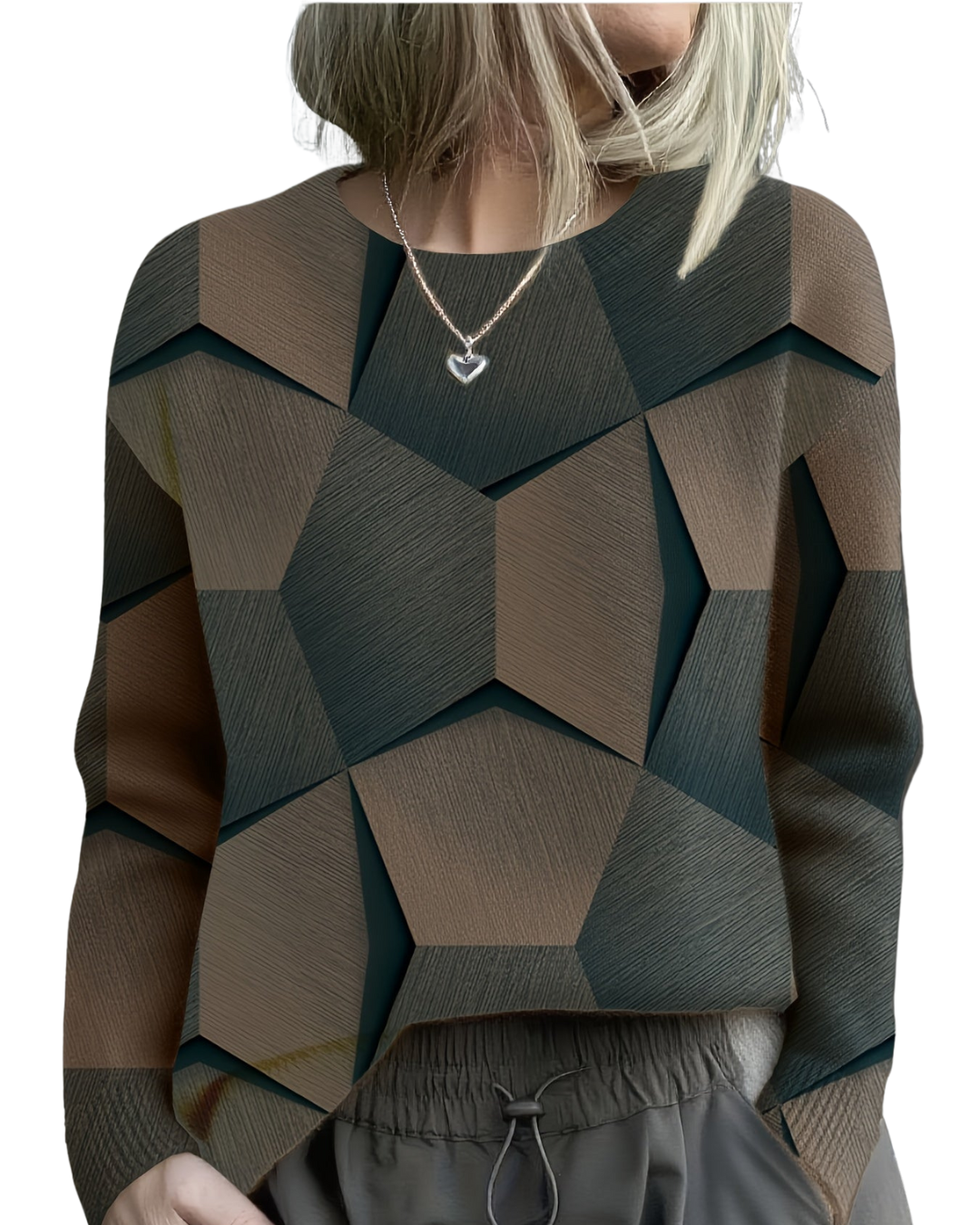 Lavinia geometric knit sweater in coffee, front view on model