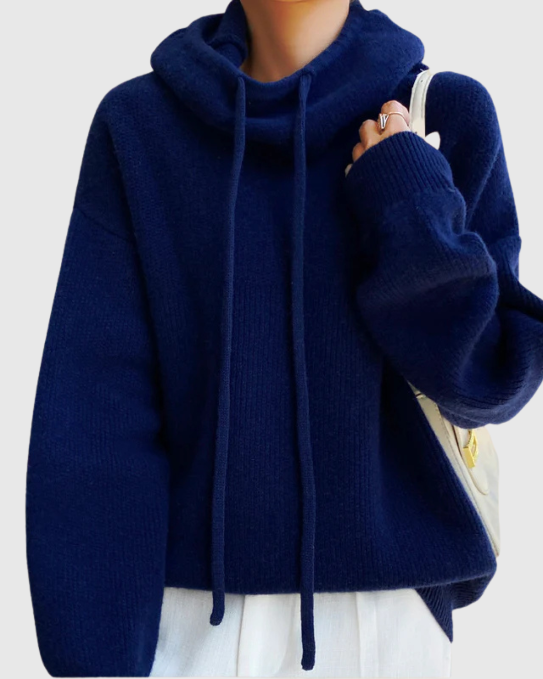 Calyssia soft touch hoodie in navy, front view with hood up