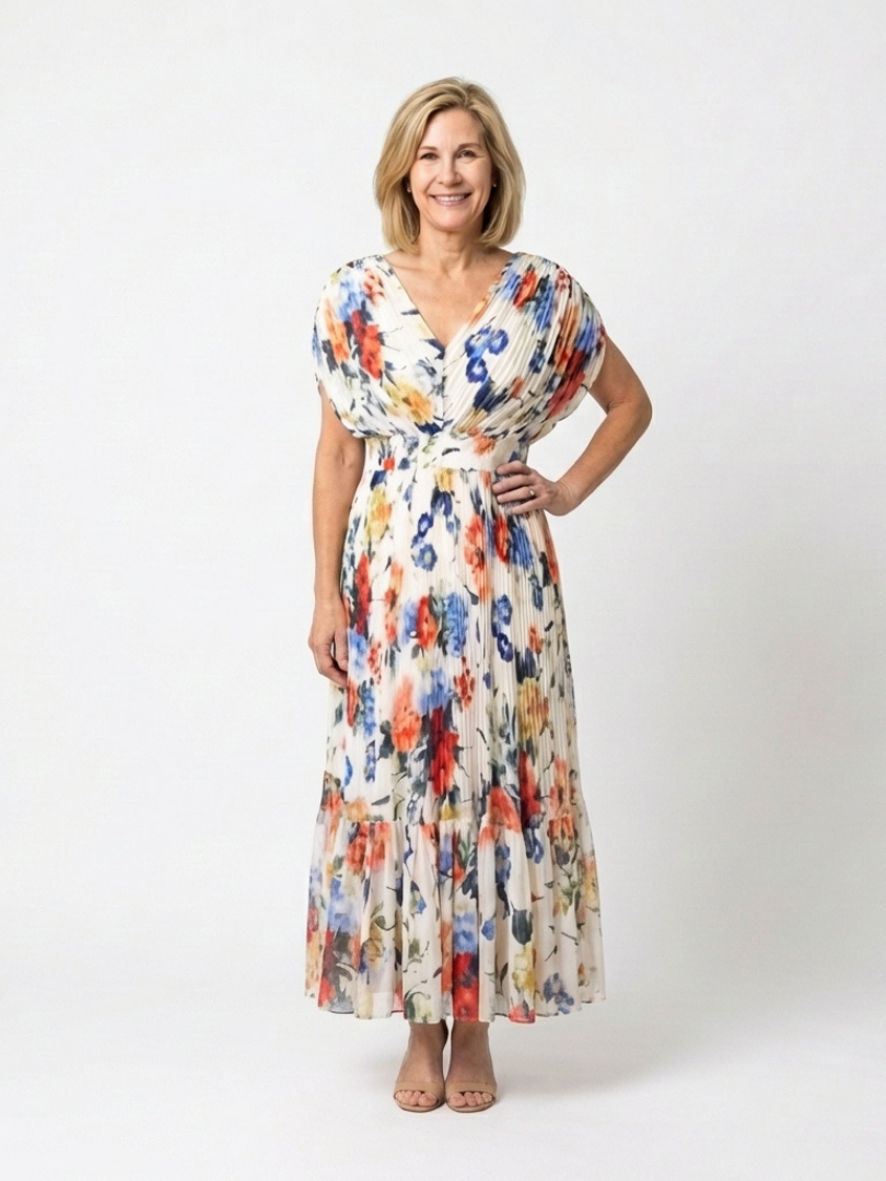 Savannah pleated floral midi dress in cream multicolour, full front view
