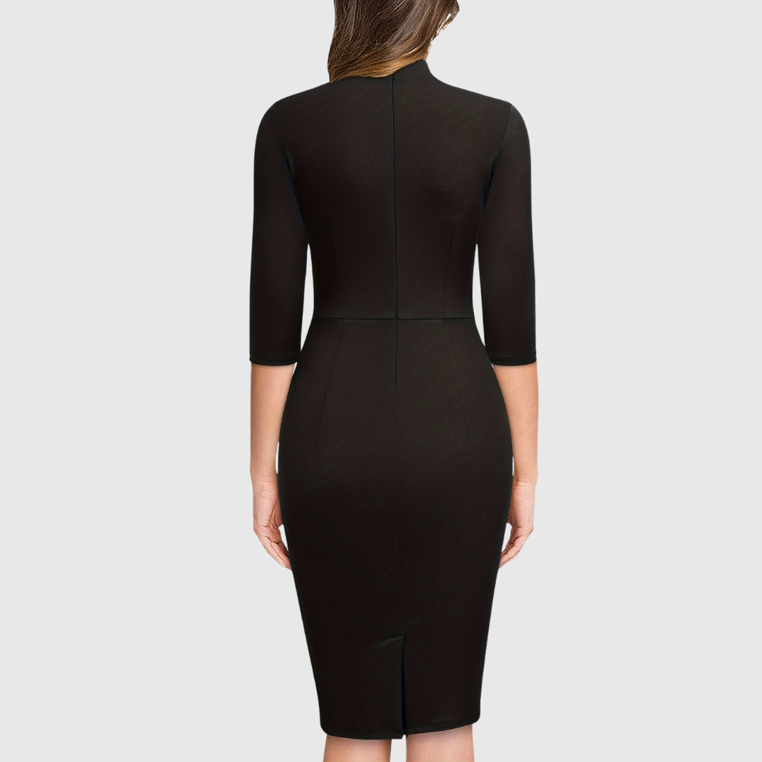 Hariethe tie-neck sheath dress in black, back view