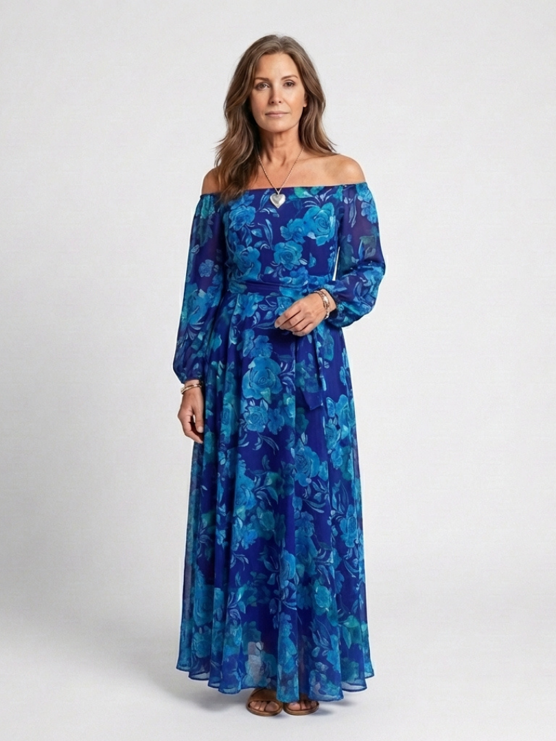 Aspen off-shoulder floral maxi dress in blue, full-length front view