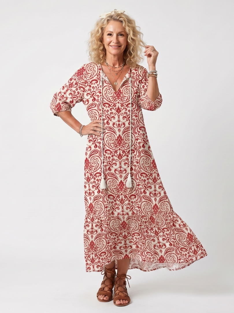 Noelle ornate print midi dress in red and cream, full-length front view