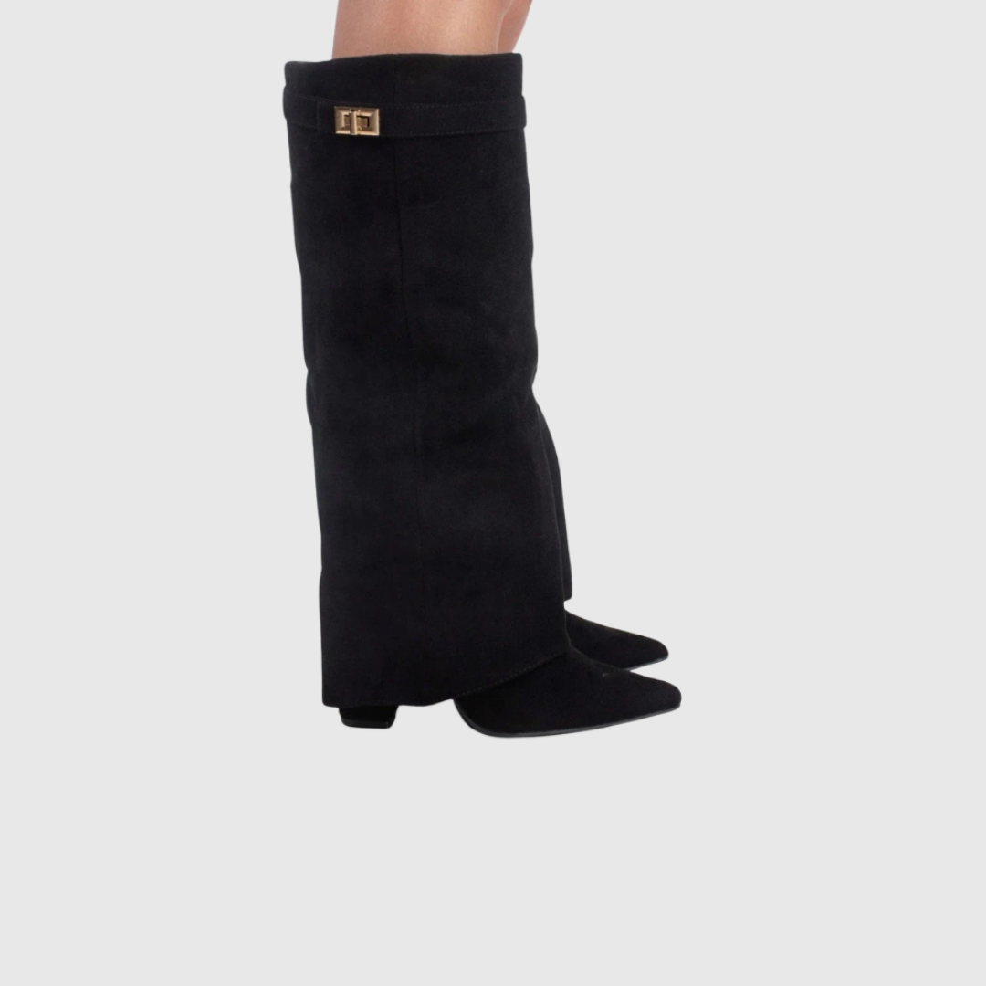 Lelene knee-high wedge boots in black suede, side view on model
