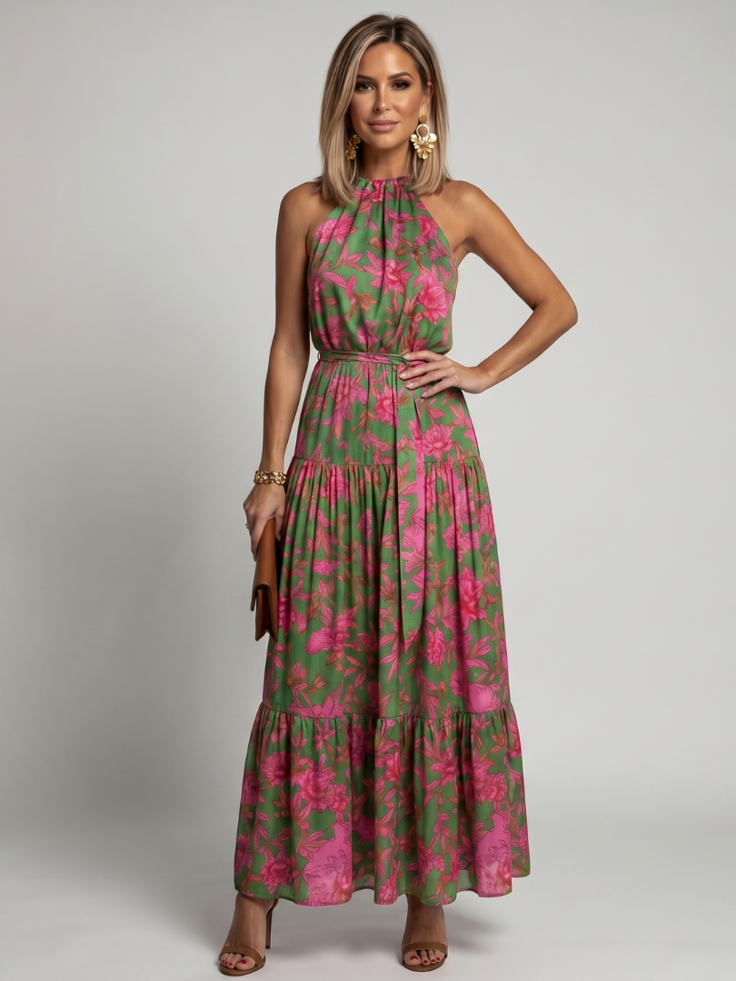 Rowen draped halter dress in green floral print, full-length front view