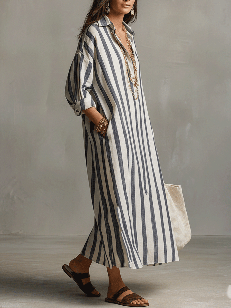Striped shirt maxi dress in navy stripe, side view with pocket