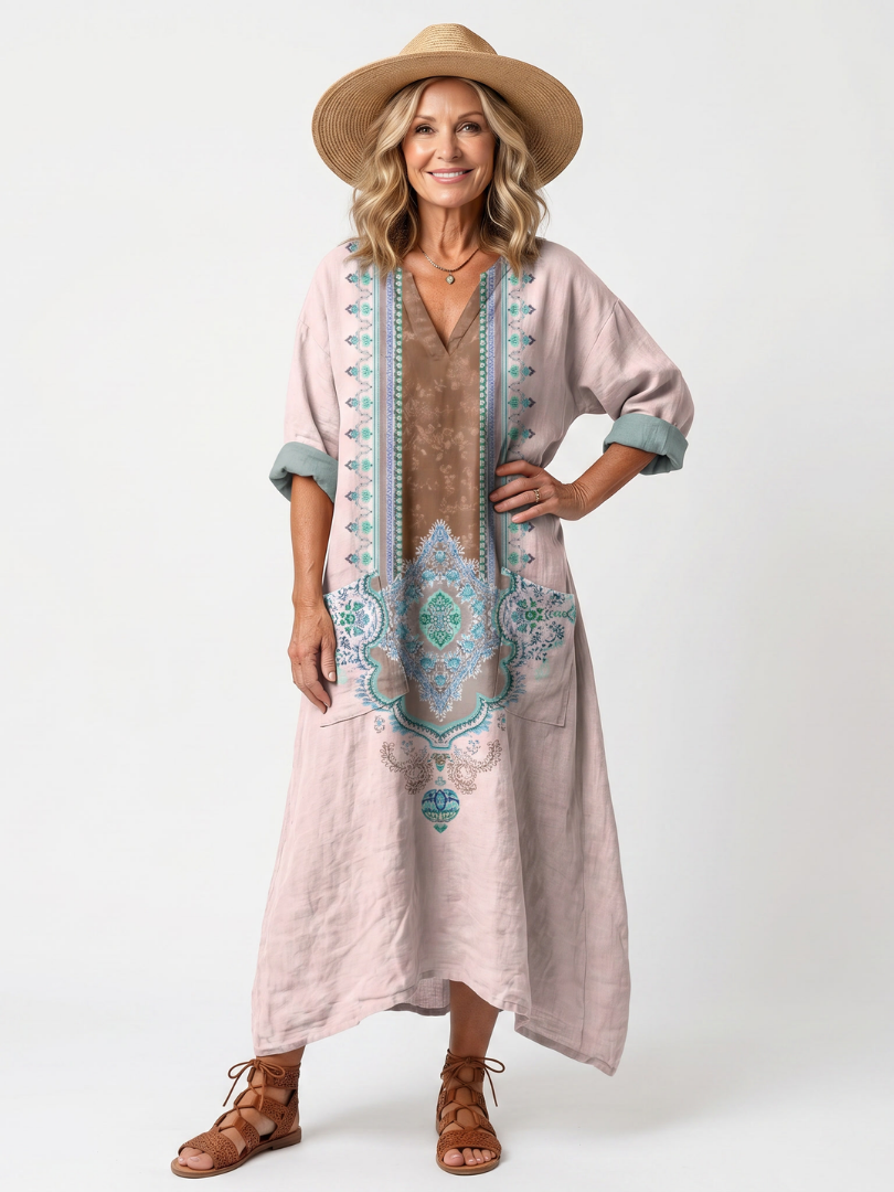 Kenza embroidered panel midi dress in pink, full-length front view