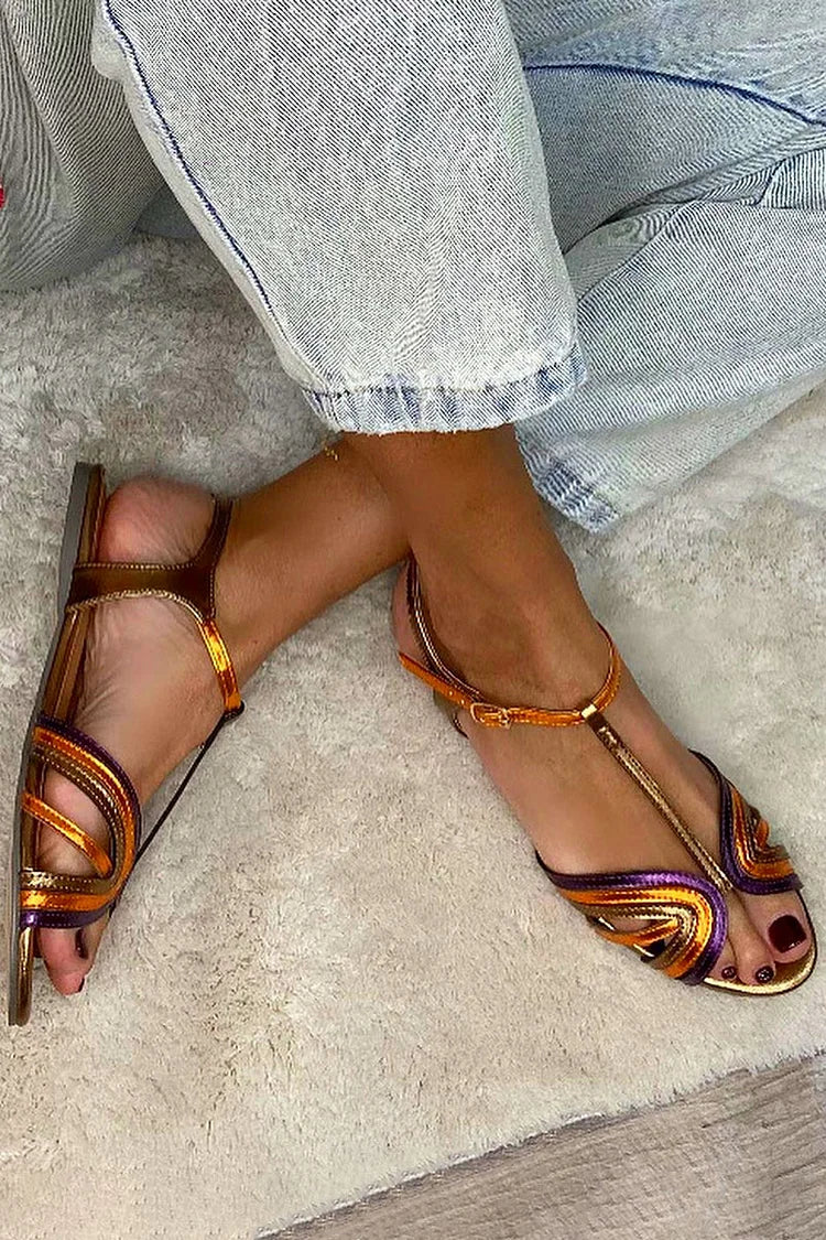 Viviana sandals in purple and orange metallic straps, close-up angled view