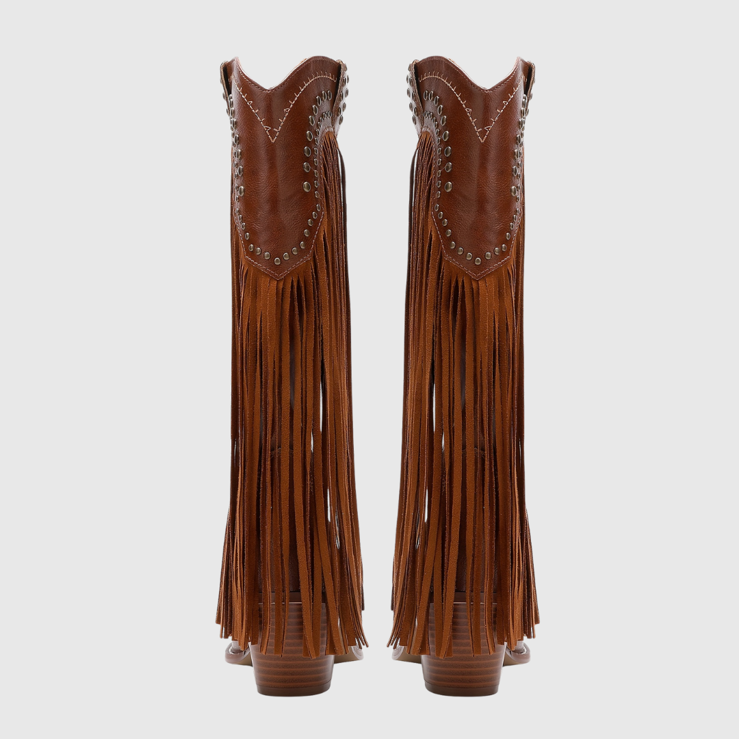 Damaris fringed Western boots in tan brown, back view with block heels