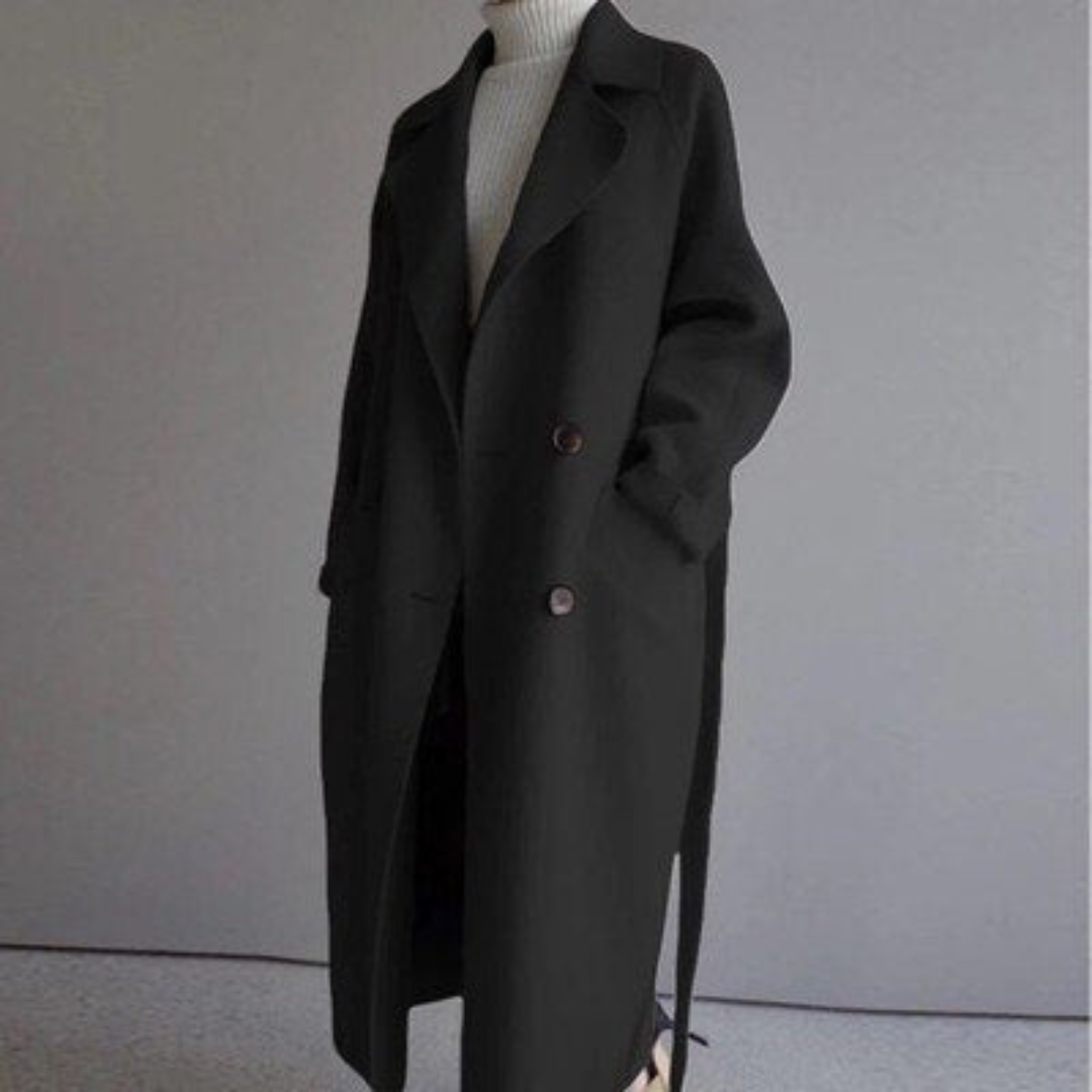 Cerys long trench coat in black, side view