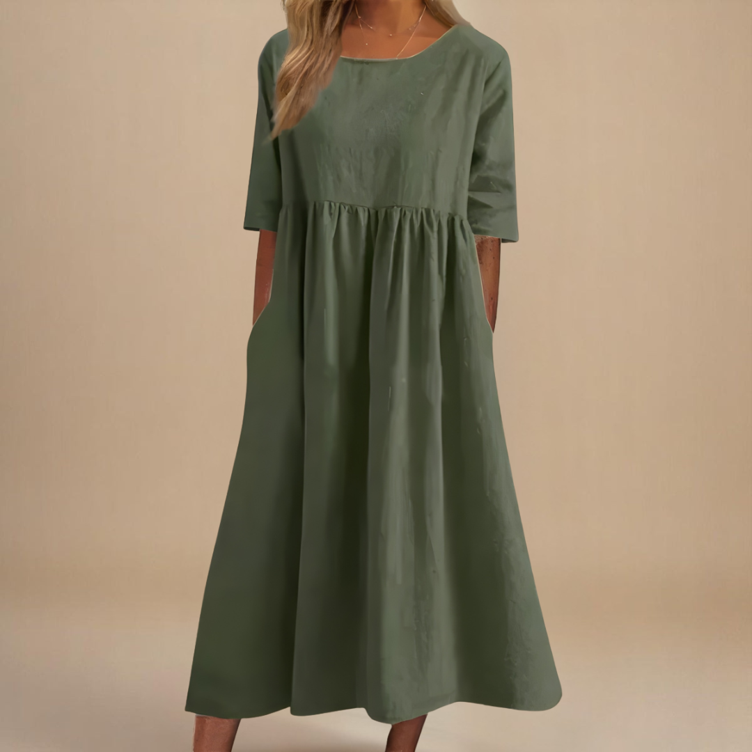 Sofia flattering midi dress in green, full front view
