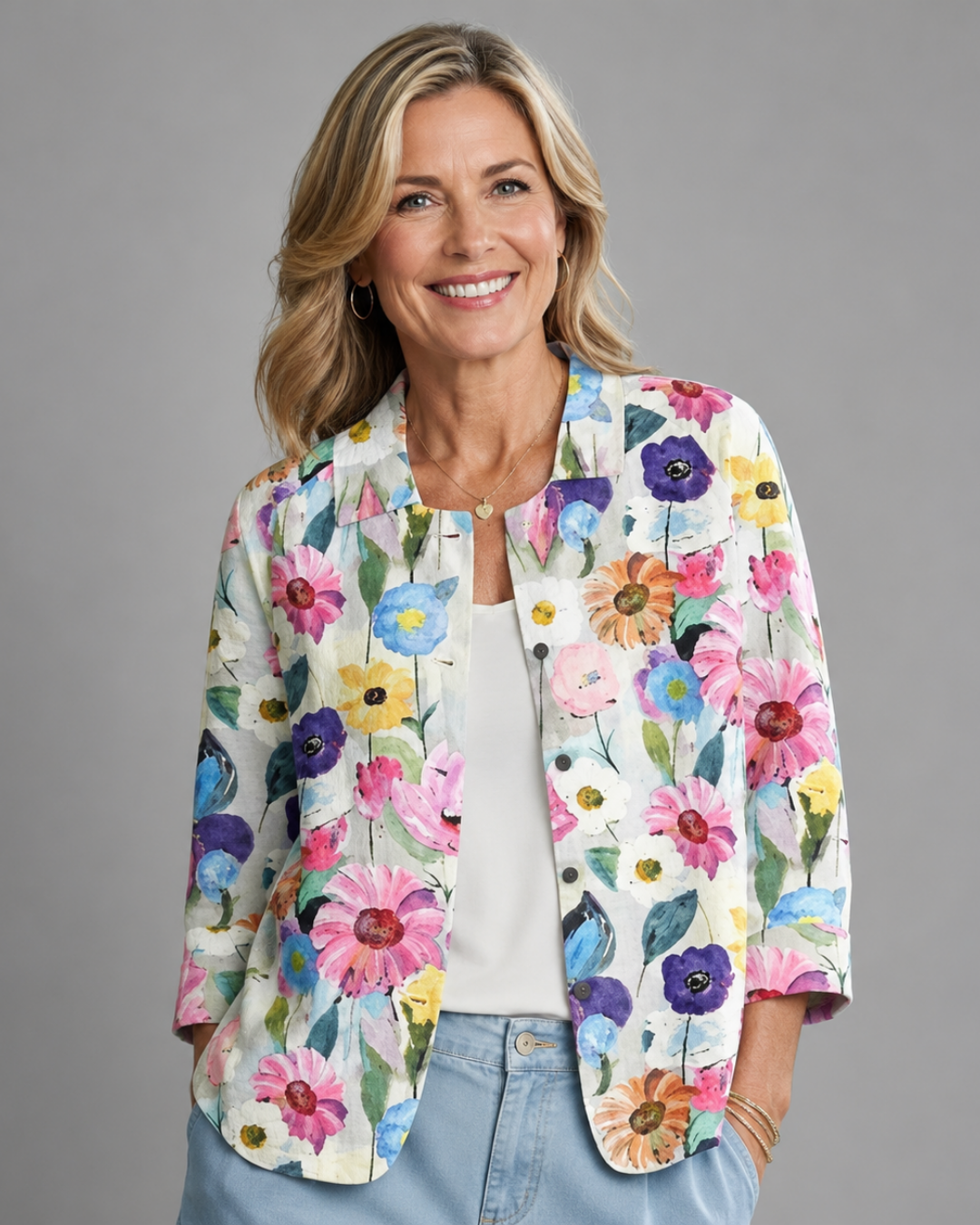 Rosamonde floral blouse in cream, open front view over a white top
