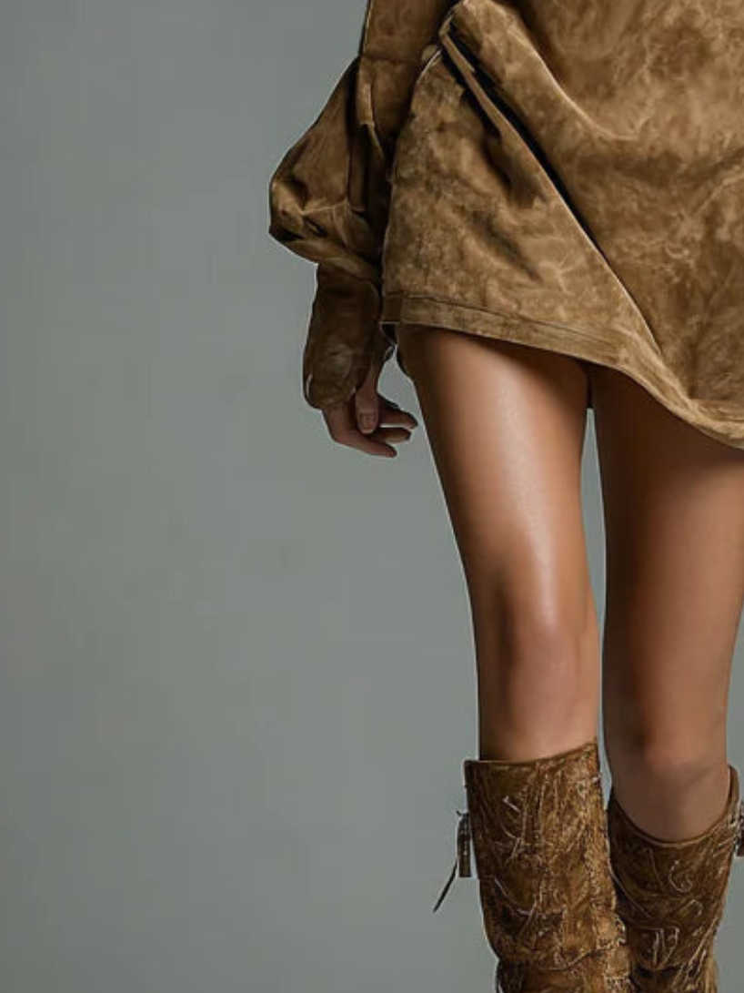 Hilda suede turtleneck dress in brown, detail of mini hem and sleeve