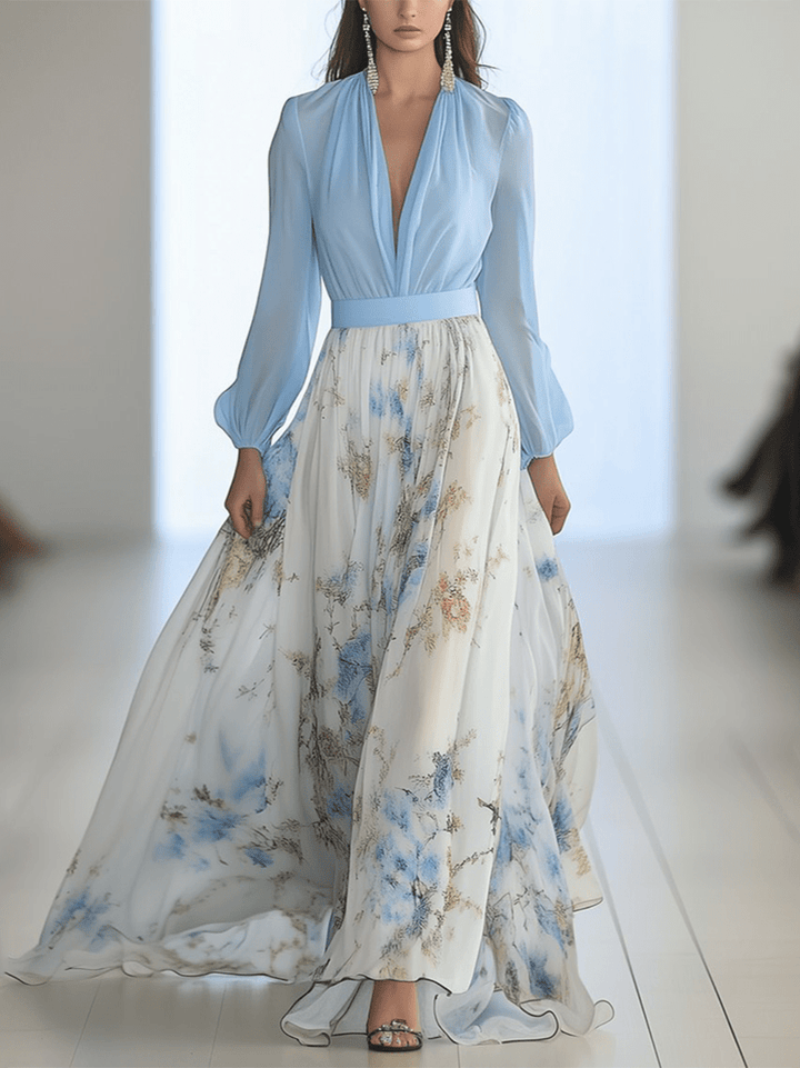 Sarah floral maxi dress in pale blue and cream, full-length front view