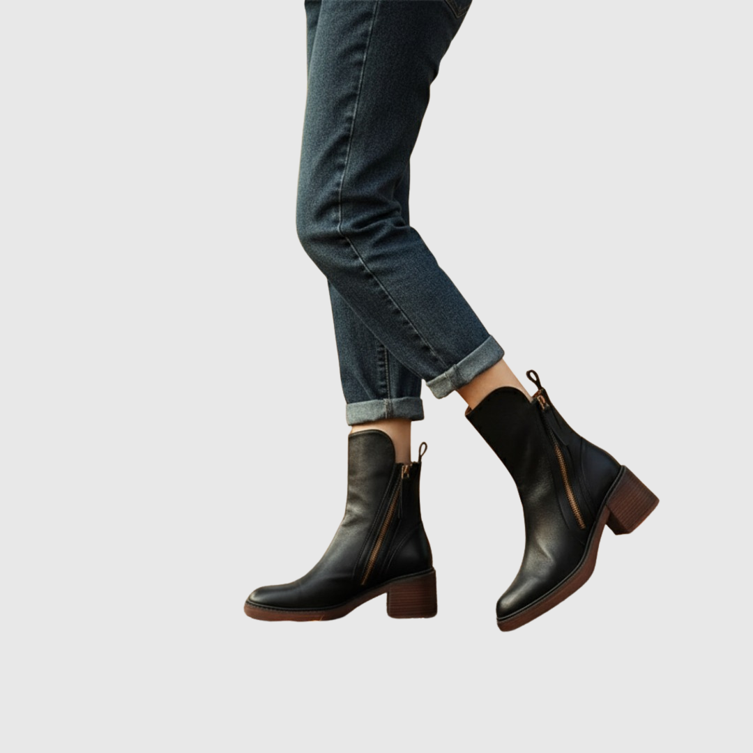 Streamlined ankle boots in black worn with jeans, walking side view