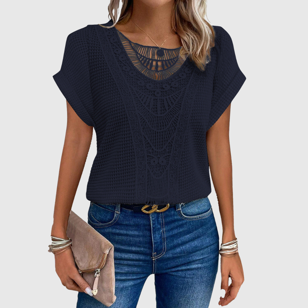 Lucinda lace short sleeve top in navy blue, front view