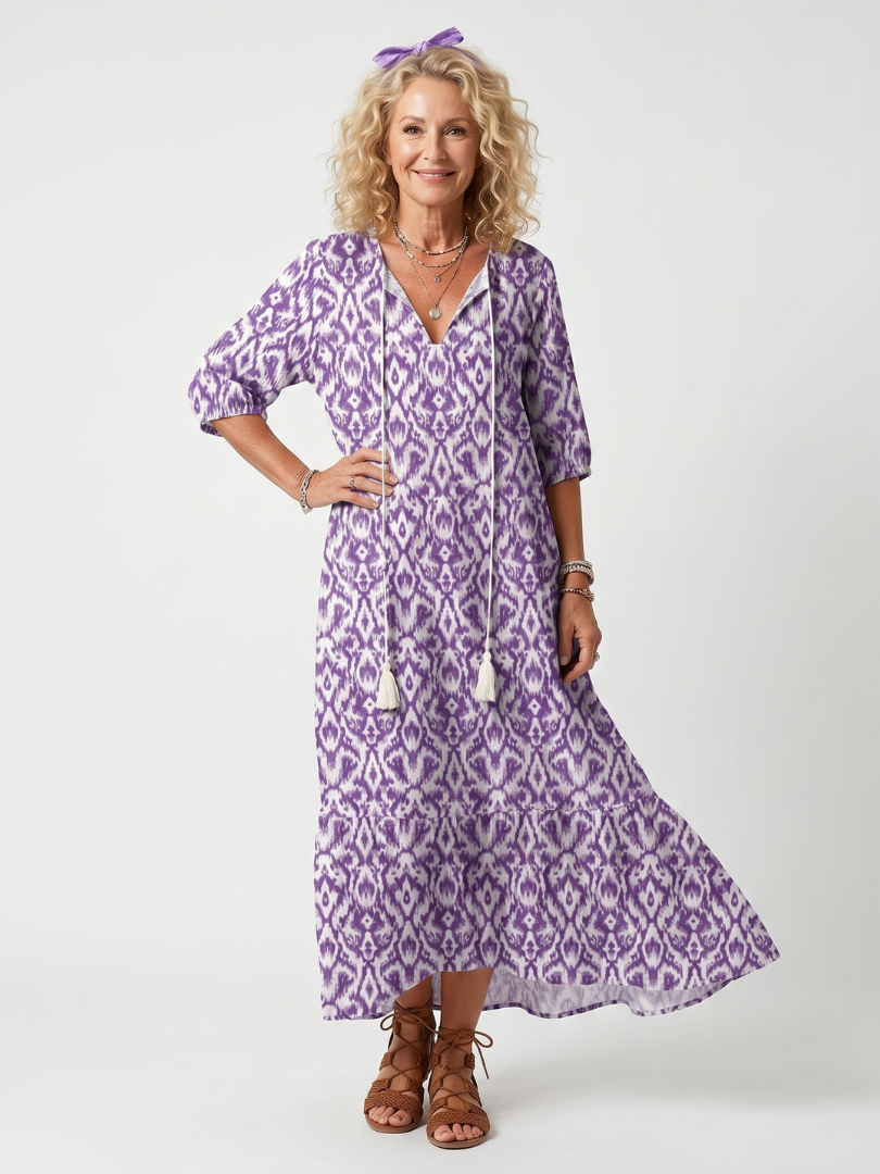 Penelope printed tassel tie midi dress in purple, full-length front view