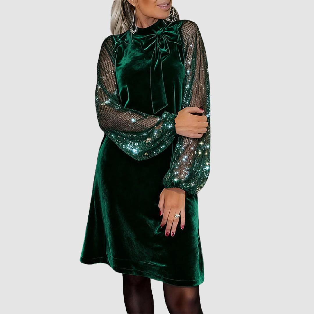 Martina elegant suede dress in green, full front view