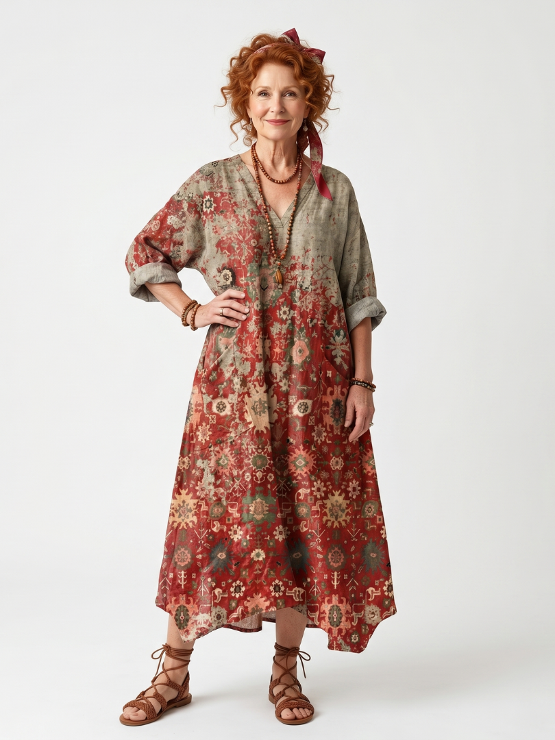 Saffron mixed pattern midi dress in rust red, full-length front view