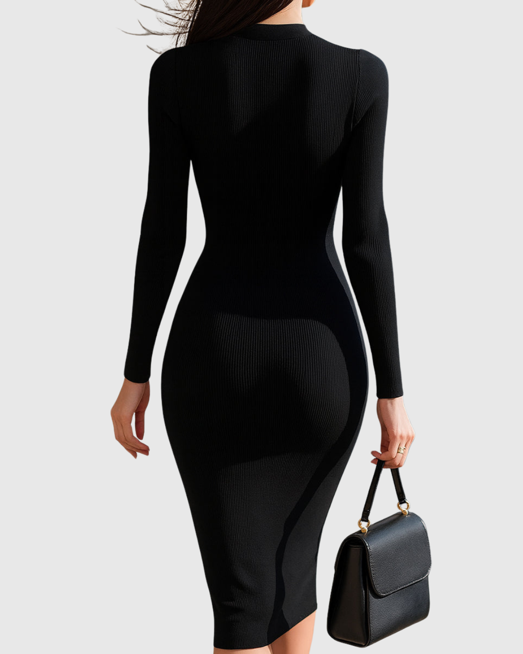 Eadwine ribbed knit midi dress in black, back view