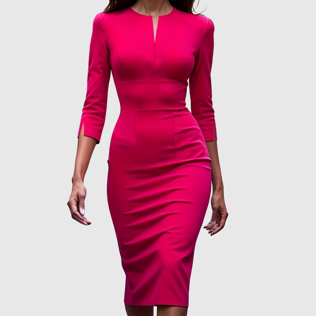 Scarlot red bodycon midi dress, close view of split V neckline
