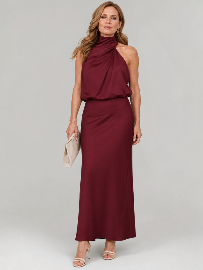 Nopal sleeveless draped neck midi dress in burgundy, full-length front view