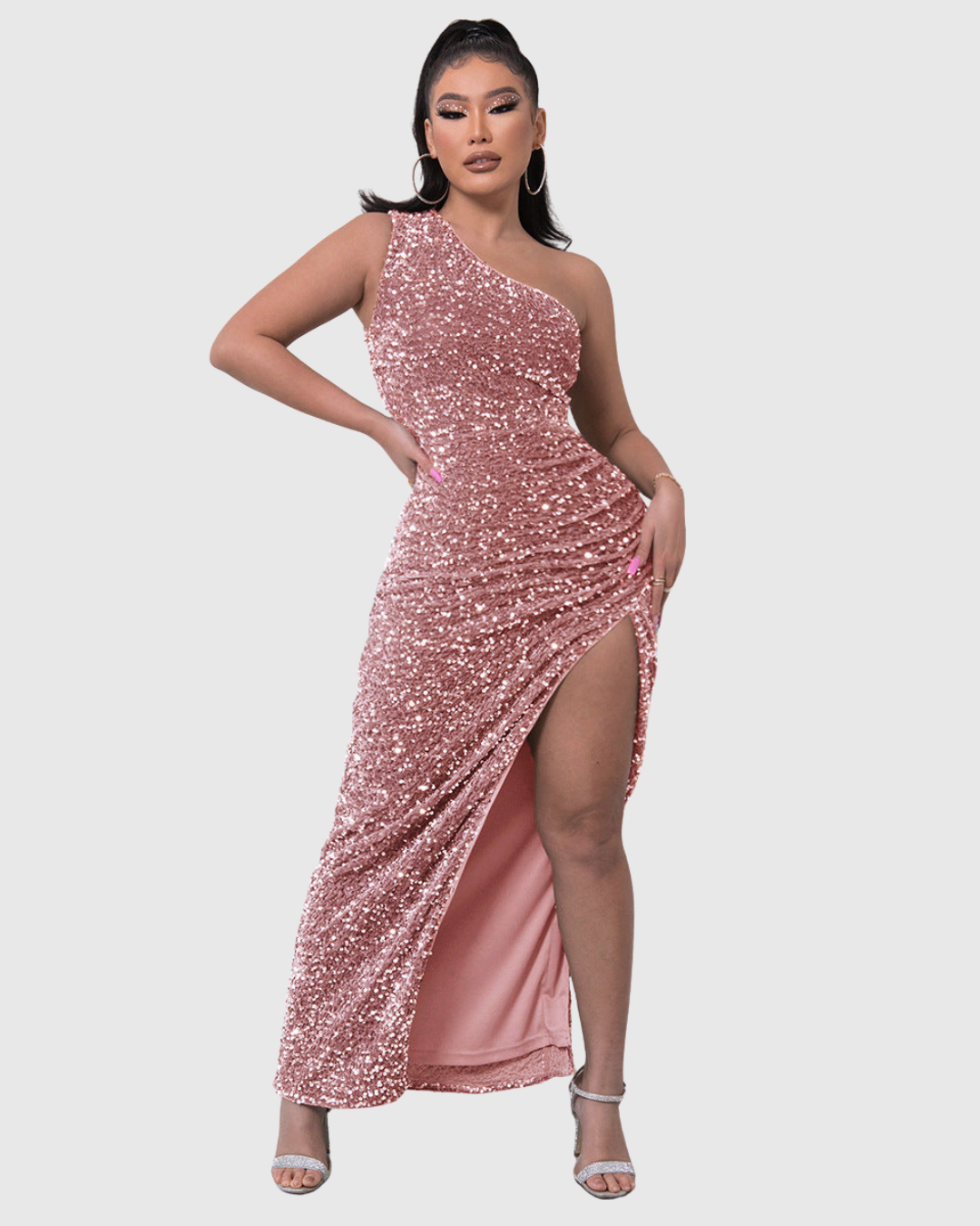 Lillian one-shoulder sequin evening dress in pink, full-length front view