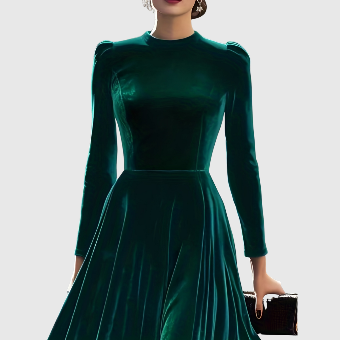 Soopie velvet occasion dress in dark green, front view