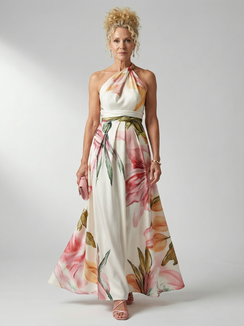 Amiel light floral maxi dress in ivory pink print, full-length front view