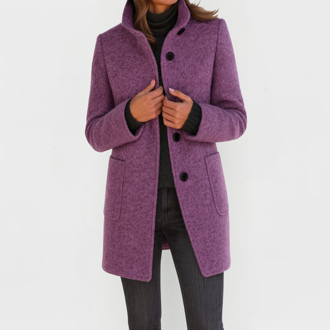 Eleonora midi-length coat in purple, front view showing patch pockets