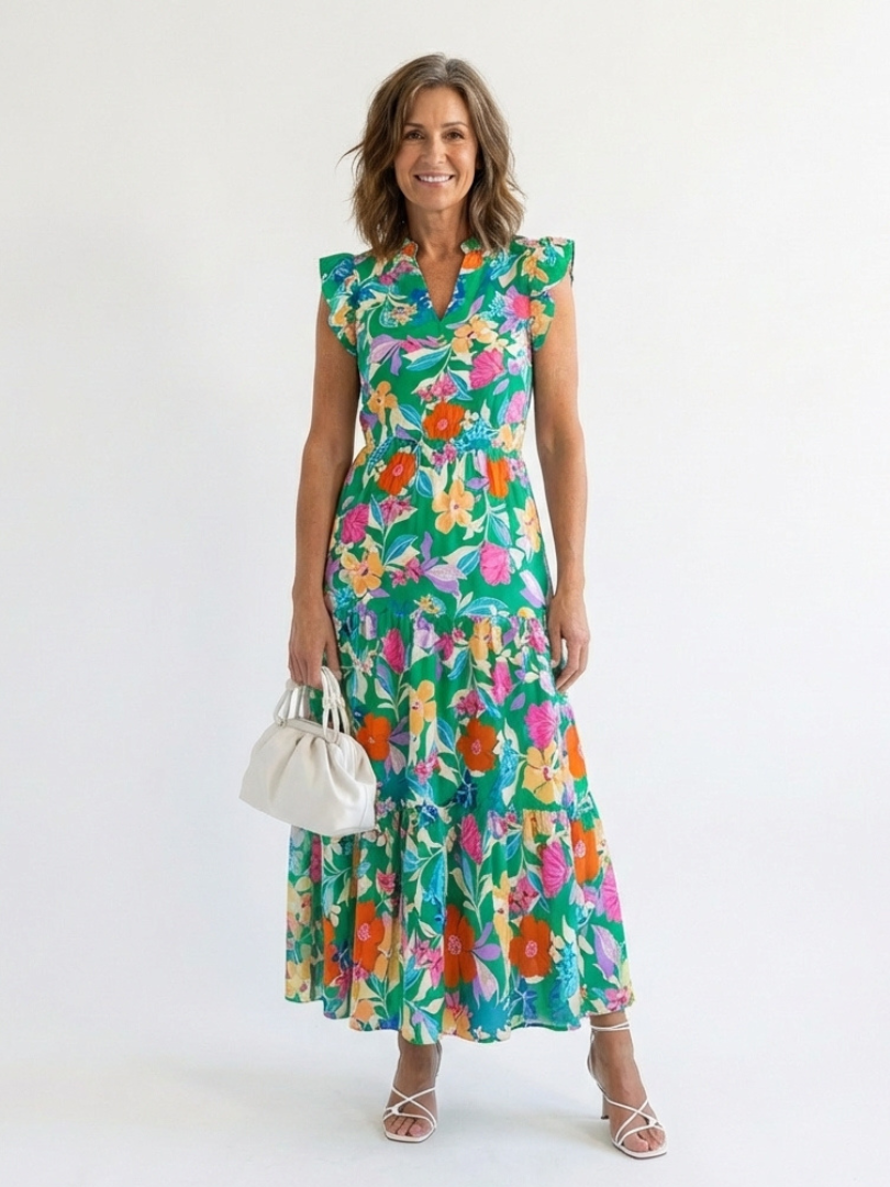 Lila floral tiered midi dress in green, full-length front view