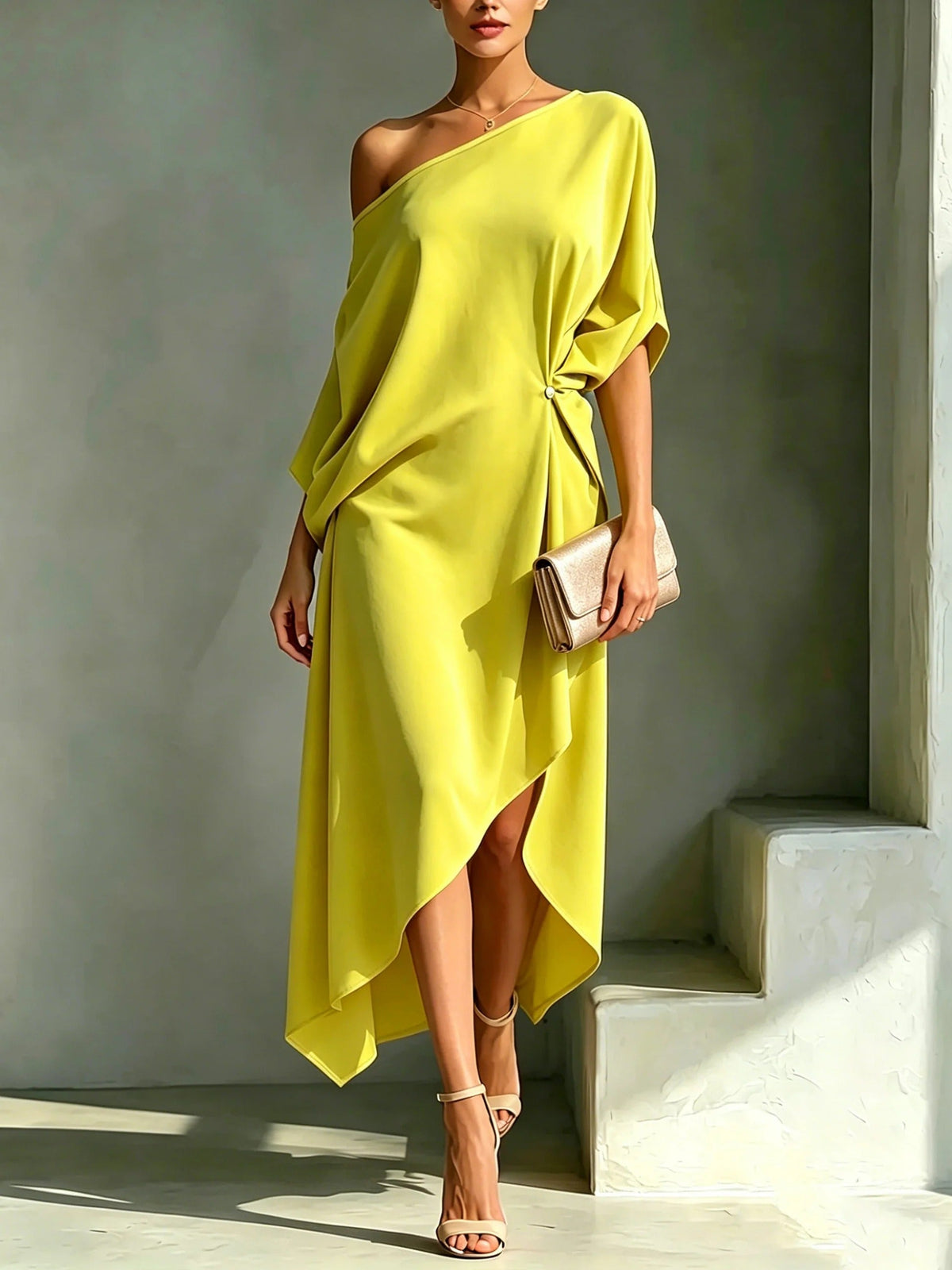 Camila asymmetrical midi dress in yellow, full-length front view