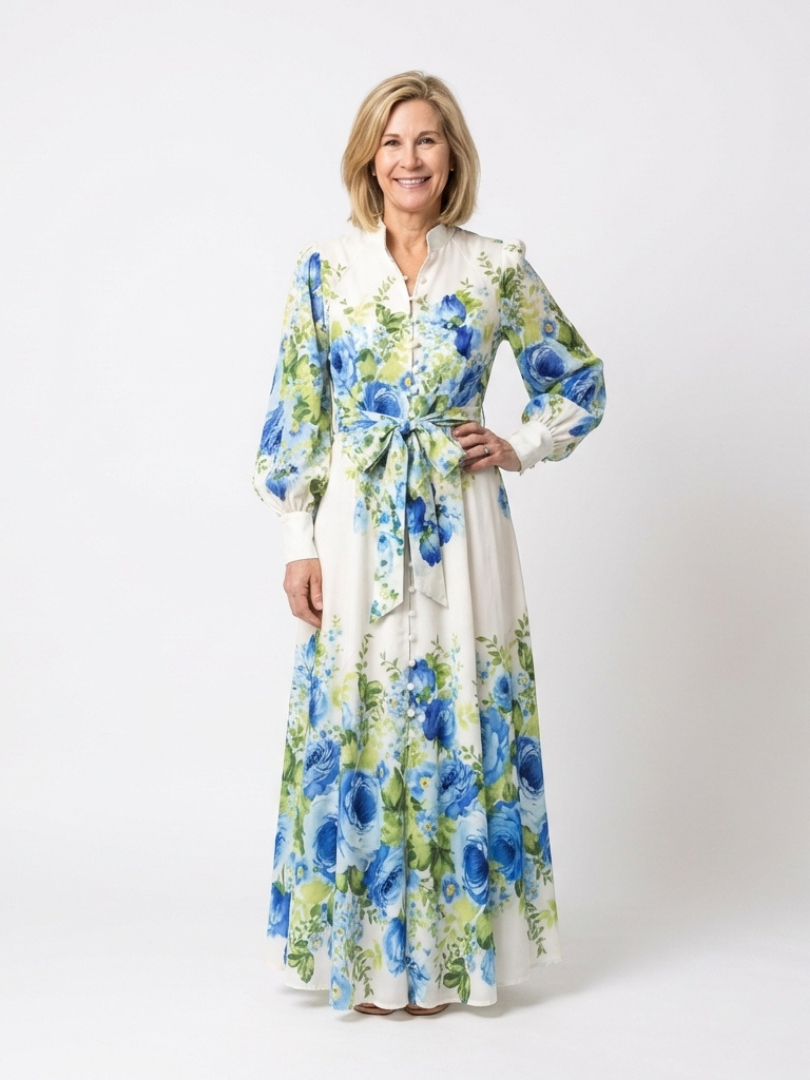 Harper floral maxi dress in cream and blue, full-length front view