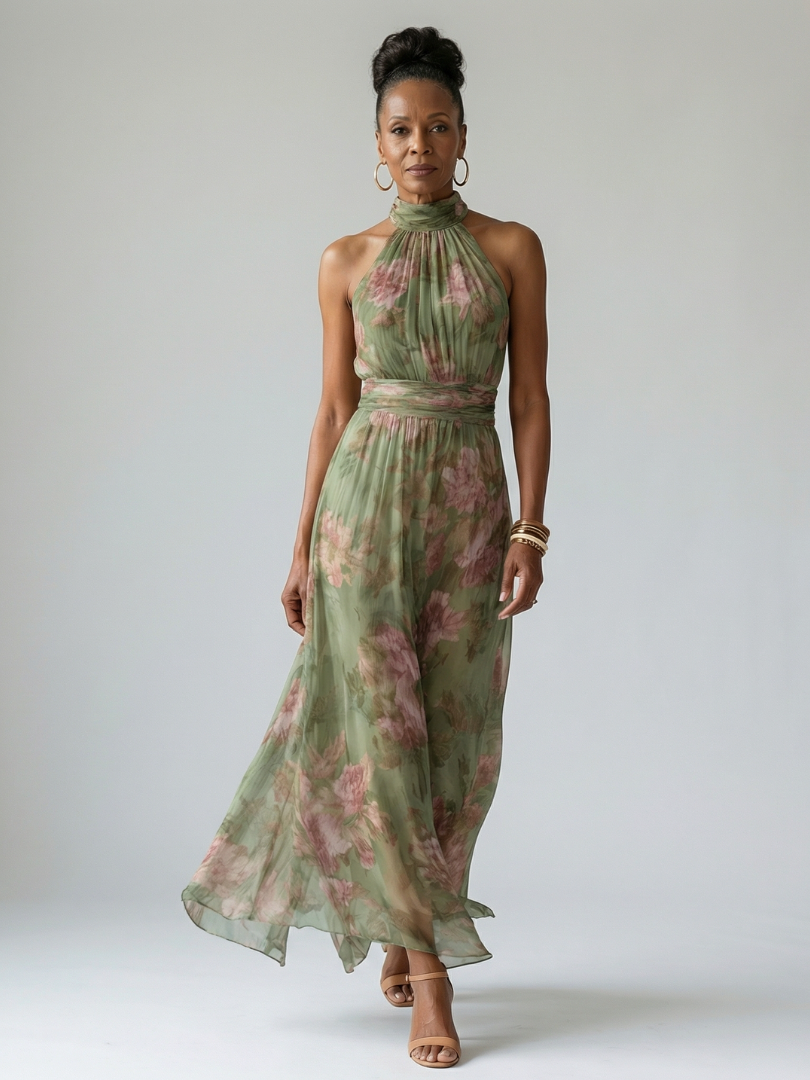 Mirelle gathered halter dress in green floral, front view on model