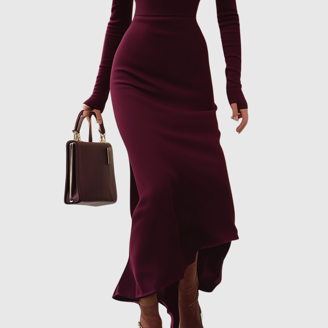Isabelle burgundy turtleneck dress in burgundy, back view of asymmetric hem
