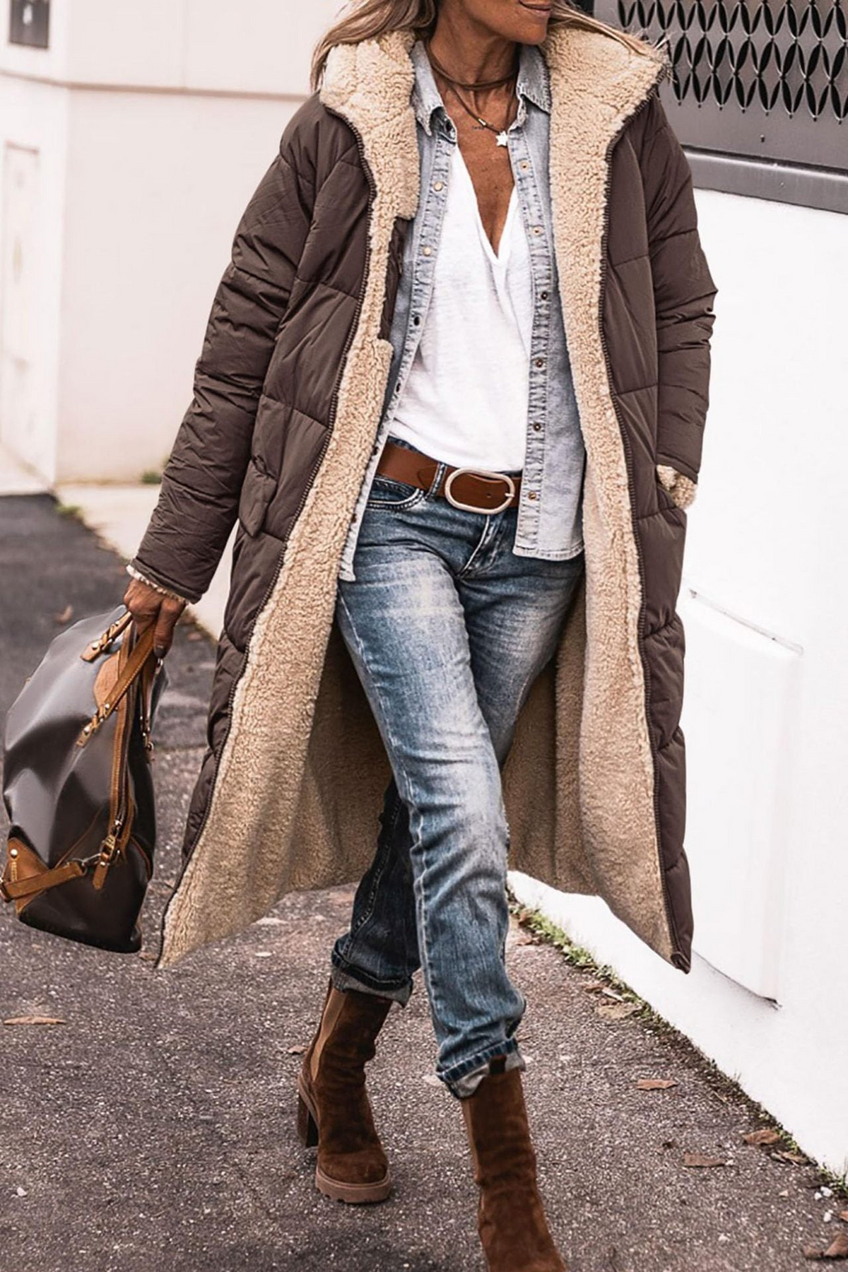 Celia reversible padded coat in brown with sherpa collar, front view