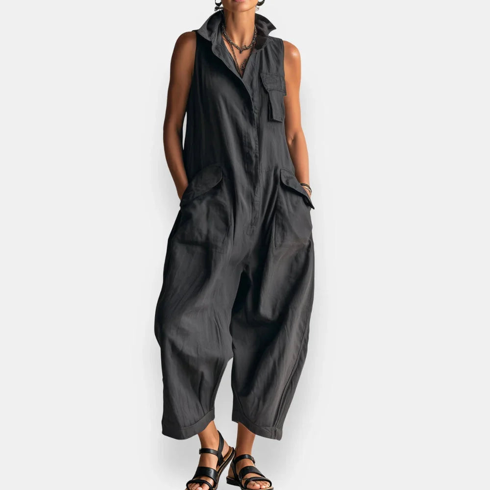 Ryker sleeveless cargo jumpsuit in black, full-length front view