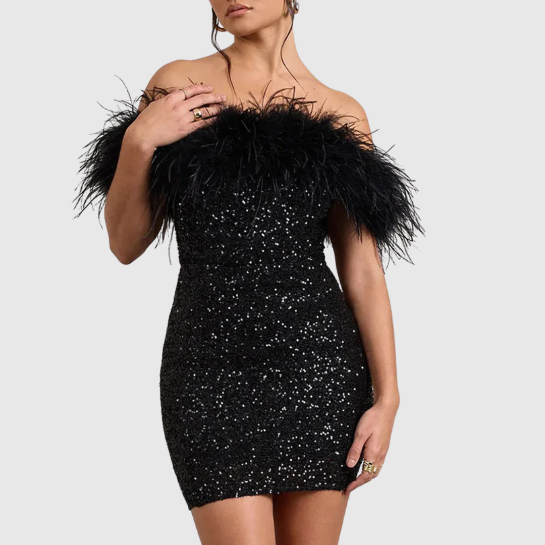 Adriana off-shoulder glitter dress in black, front view