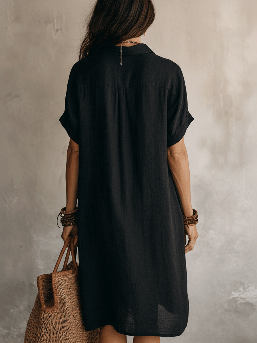 Modern Boho linen midi shirt dress in black, back view