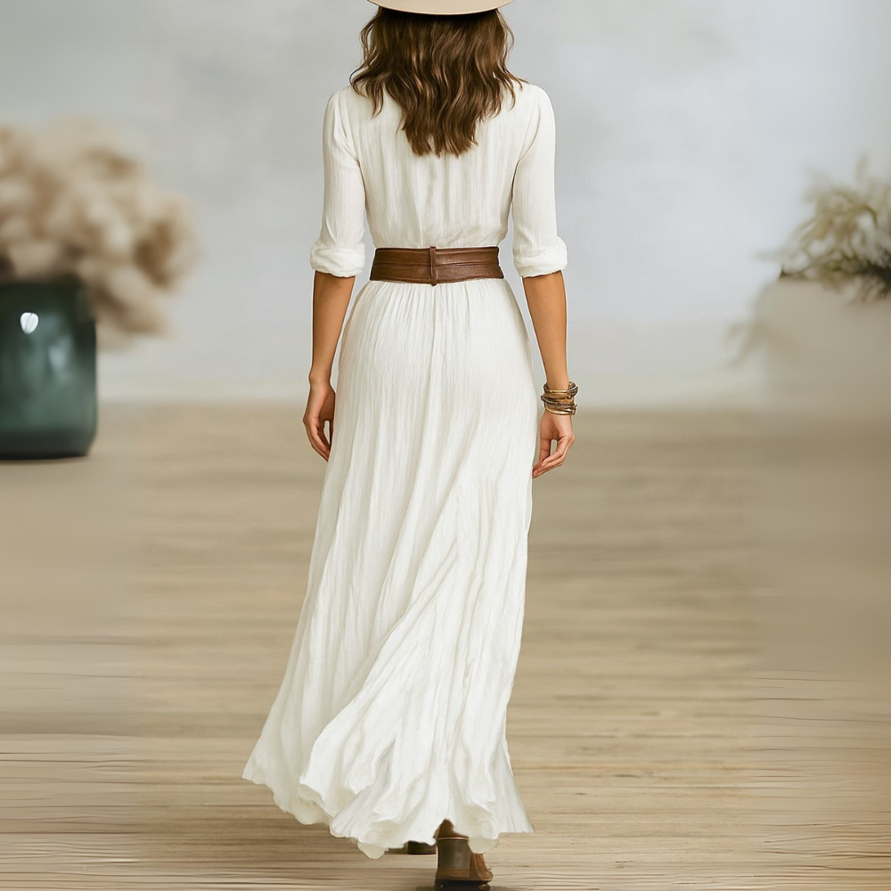 Ceryn chic maxi dress in white, back view showing belted waist