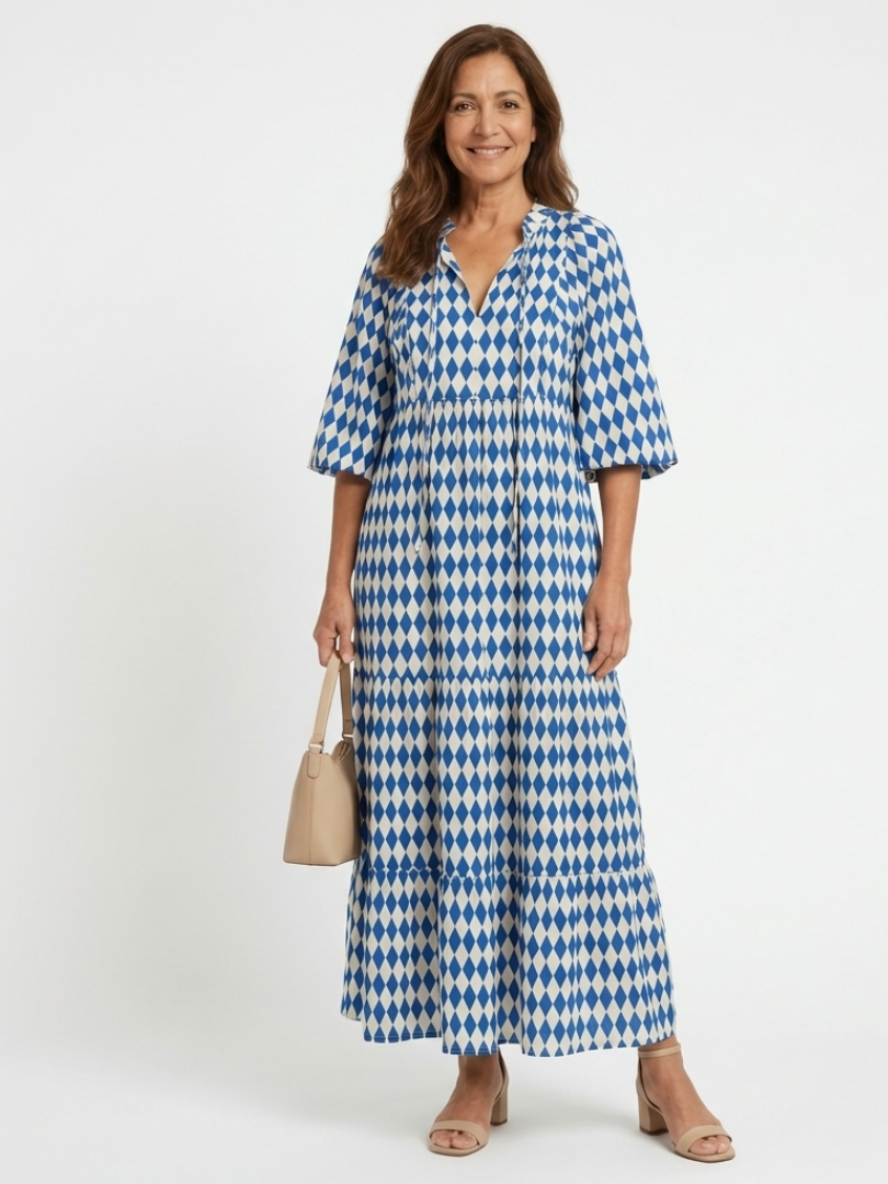 Elodie diamond print tiered midi dress in sky blue, full front view
