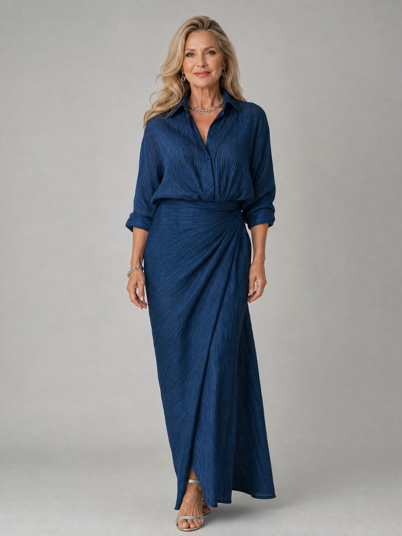 Mirque wrap front maxi dress in navy, full-length front view